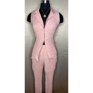 Women's Small Pink Sleeveless Co-Ord High Waist Pants Set with Pockets